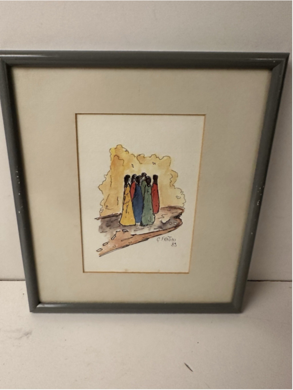 Original Watercolor Painting Signed G Fratini 89 Framed Figures Art Modernist